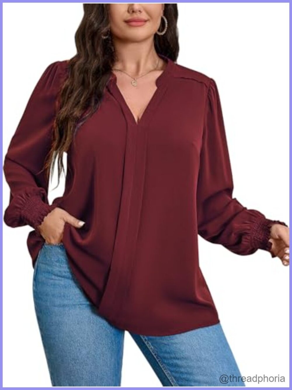 Plus Size V-Neck Smocked Cuff Tunic Blouse Long Sleeve Loose Fit Dressy Casual